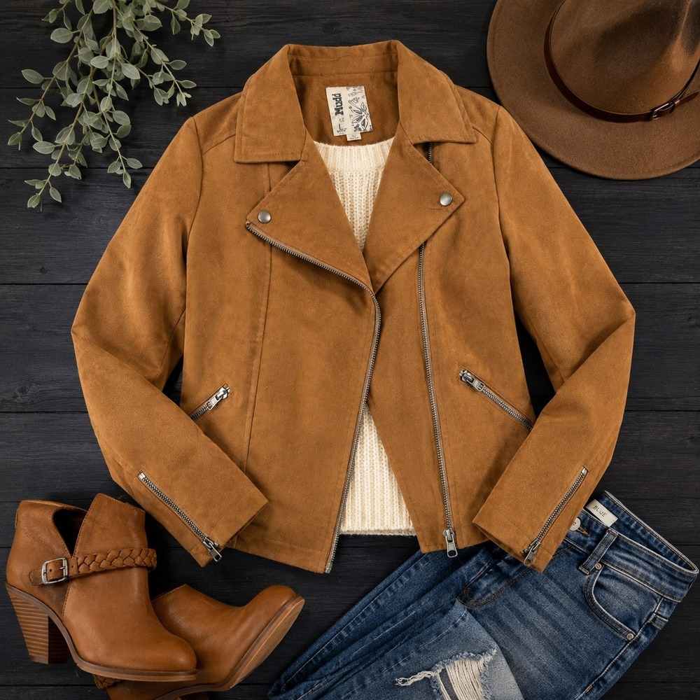 Mudd‎ Faux Suede Moto Jacket Womens Large camel Brown Asymmetrical Zip Biker Y2k